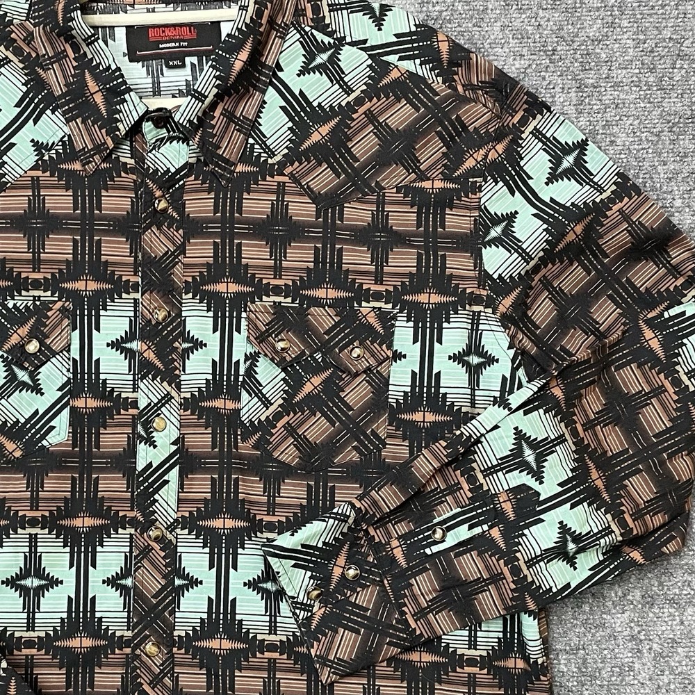 Rock & Roll Denim Western Shirt Pearl Snap Aztec Cowboy Going Out Brown Blue XXL